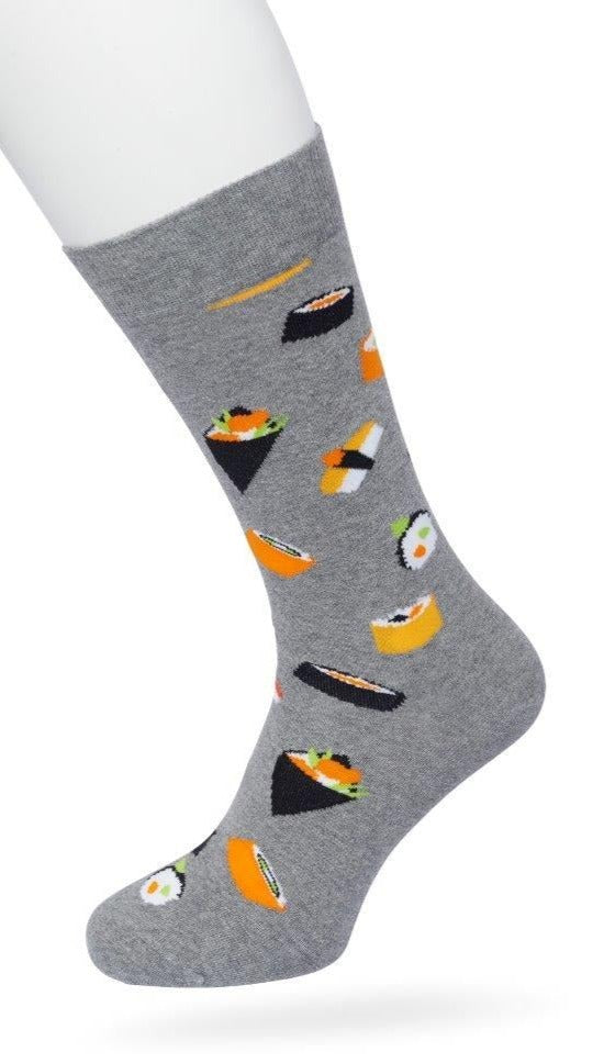 Bonnie Doon Sushi Sock - Grey cotton crew length ankle socks with multicoloured sushi pattern, shaped heel and flat toe seams.