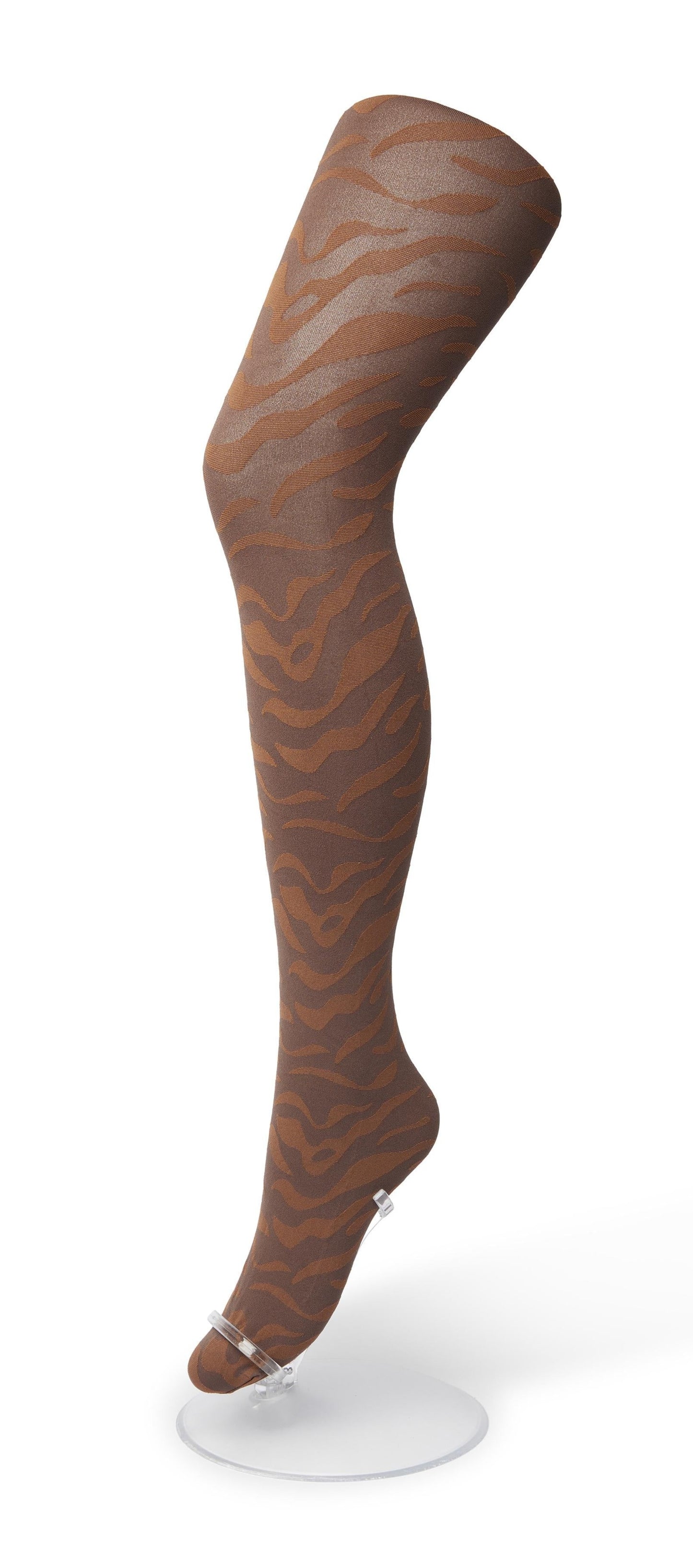 Bonnie Doon Zebra Tights - Ultra opaque brown fashion tights with a woven rust wavy style zebra pattern, flat seams and gusset.