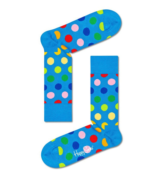 Happy Socks BDO01-6701 Big Dot Sock - Blue cotton socks with bright multicoloured polka dot pattern in shades of green, red, yellow, orange, blue and pink.