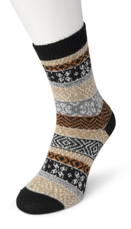 Bonnie Doon BP051129 Folkloric Sock - Warm and soft thermal ankle socks with a fairisle style pattern and elasticated cuff in black, camel, rust orange, grey and white.