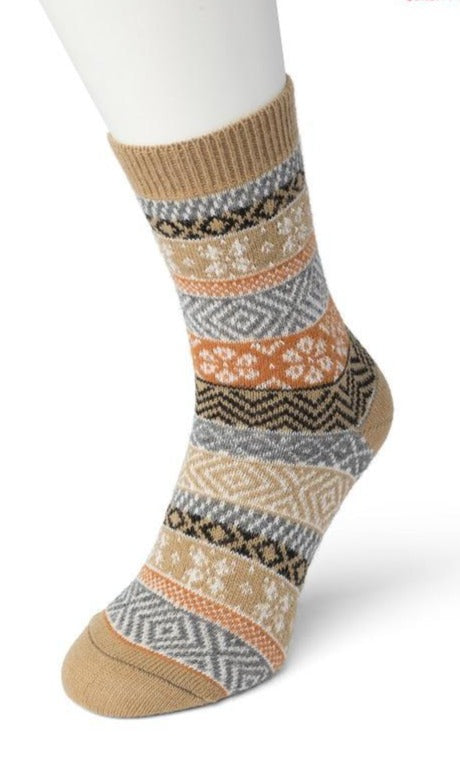 Bonnie Doon BP051129 Folkloric Sock - Warm and soft thermal ankle socks with a fairisle style pattern and elasticated cuff in black, camel, rust orange, grey and white.