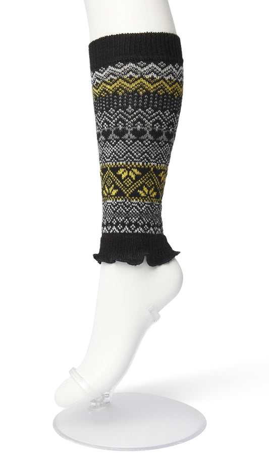 Bonnie Doon BP051729 Folkloric Legwarmers - Black, yellow and white warm and soft knee length knitted leg-warmers with a fairisle style pattern, elasticated cuff and frill edge.