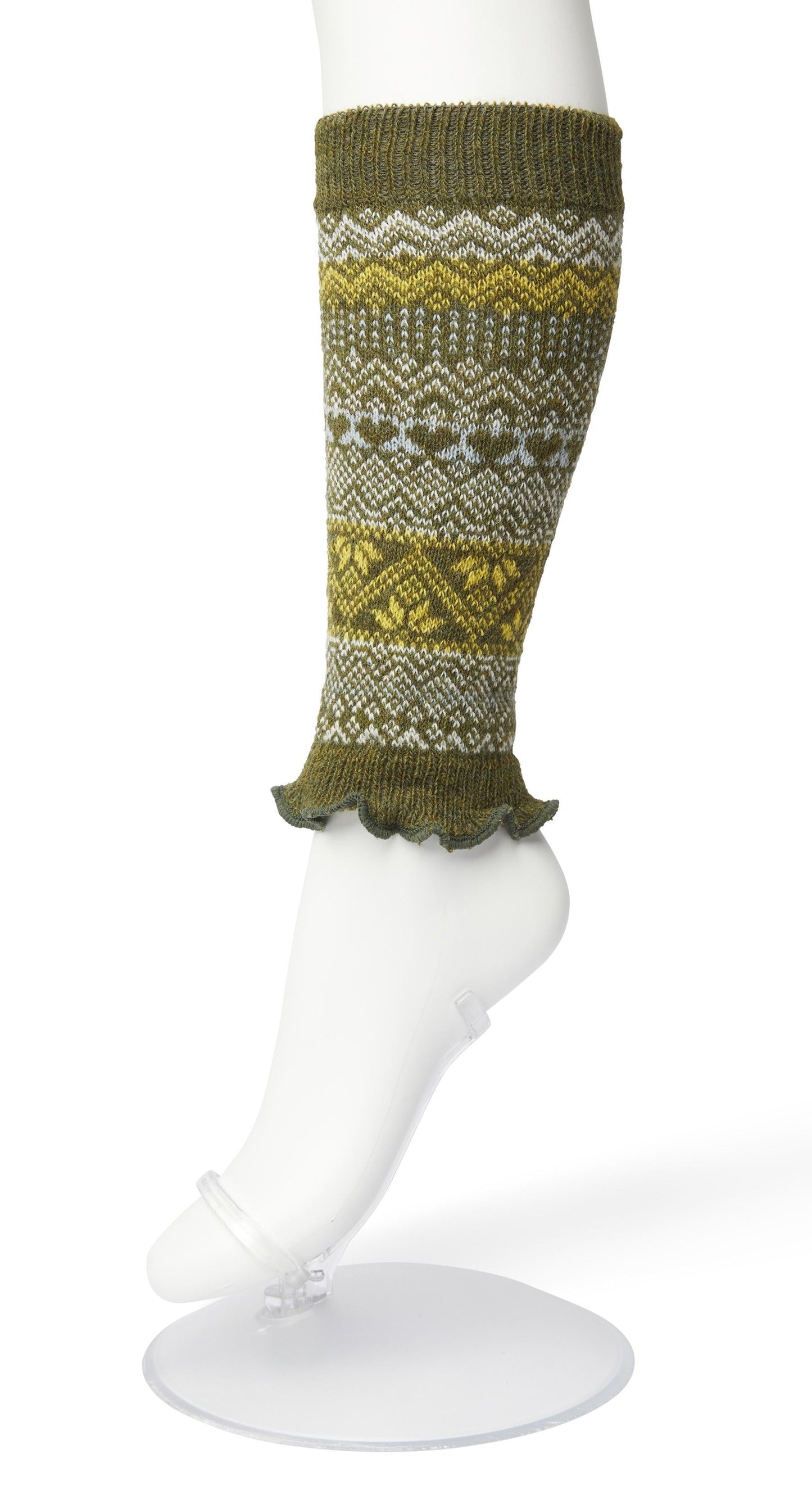 Bonnie Doon BP051729 Folkloric Legwarmers - Olive khaki green, yellow and white warm and soft knee length knitted leg-warmers with a fairisle style pattern, elasticated cuff and frill edge.