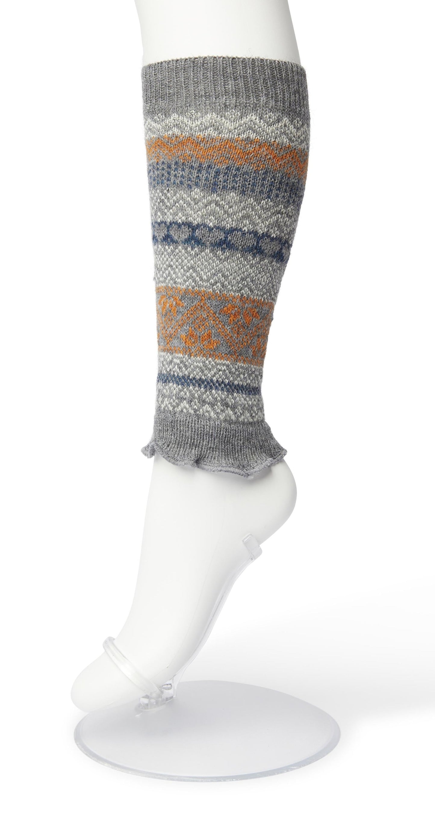 Bonnie Doon BP051729 Folkloric Legwarmers - Grey, orange, navy and white warm and soft knee length knitted leg-warmers with a fairisle style pattern, elasticated cuff and frill edge.
