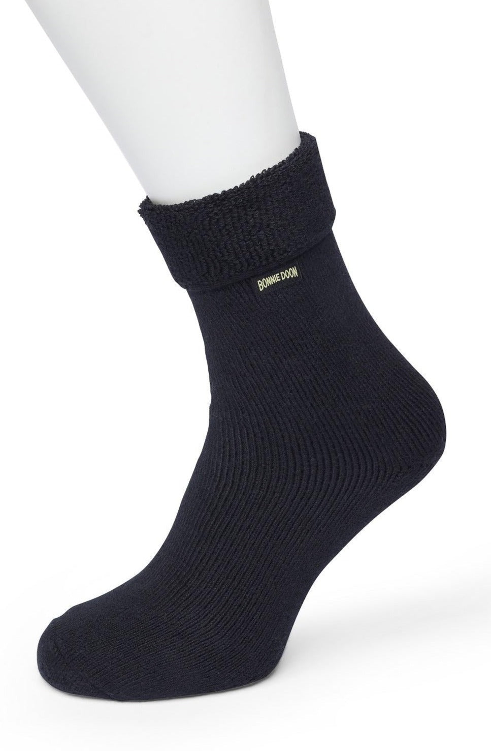 Bonnie Doon BP211123 Cushion Roll Down Sock - Black thick and warm cotton ankle socks with a turn down cuff and flat toe seam.