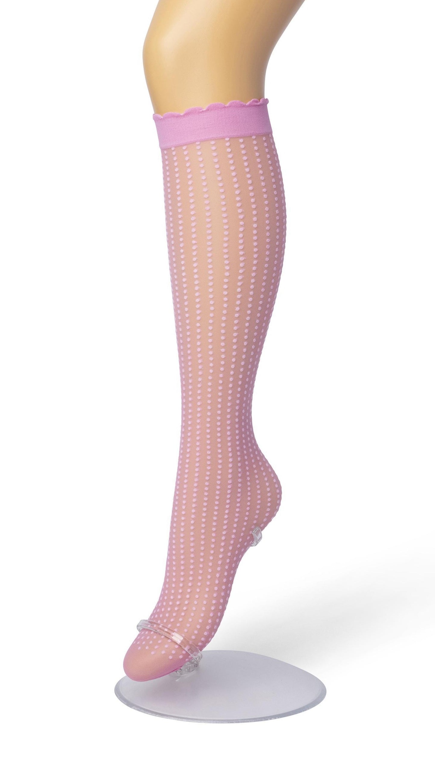 Bonnie Doon Batik Dots - Light pink sheer fashion knee-high socks with a dotted vertical stripe pattern, deep comfort cuff with scalloped edge.