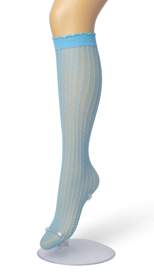 Bonnie Doon Batik Dots - Light blue sheer fashion knee-high socks with a dotted vertical stripe pattern, deep comfort cuff with scalloped edge.
