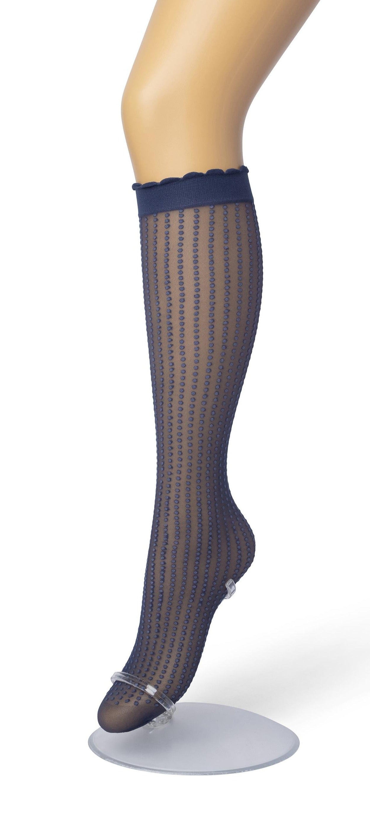 Bonnie Doon Batik Dots - Navy (black iris) sheer fashion knee-high socks with a dotted vertical stripe pattern, deep comfort cuff with scalloped edge.