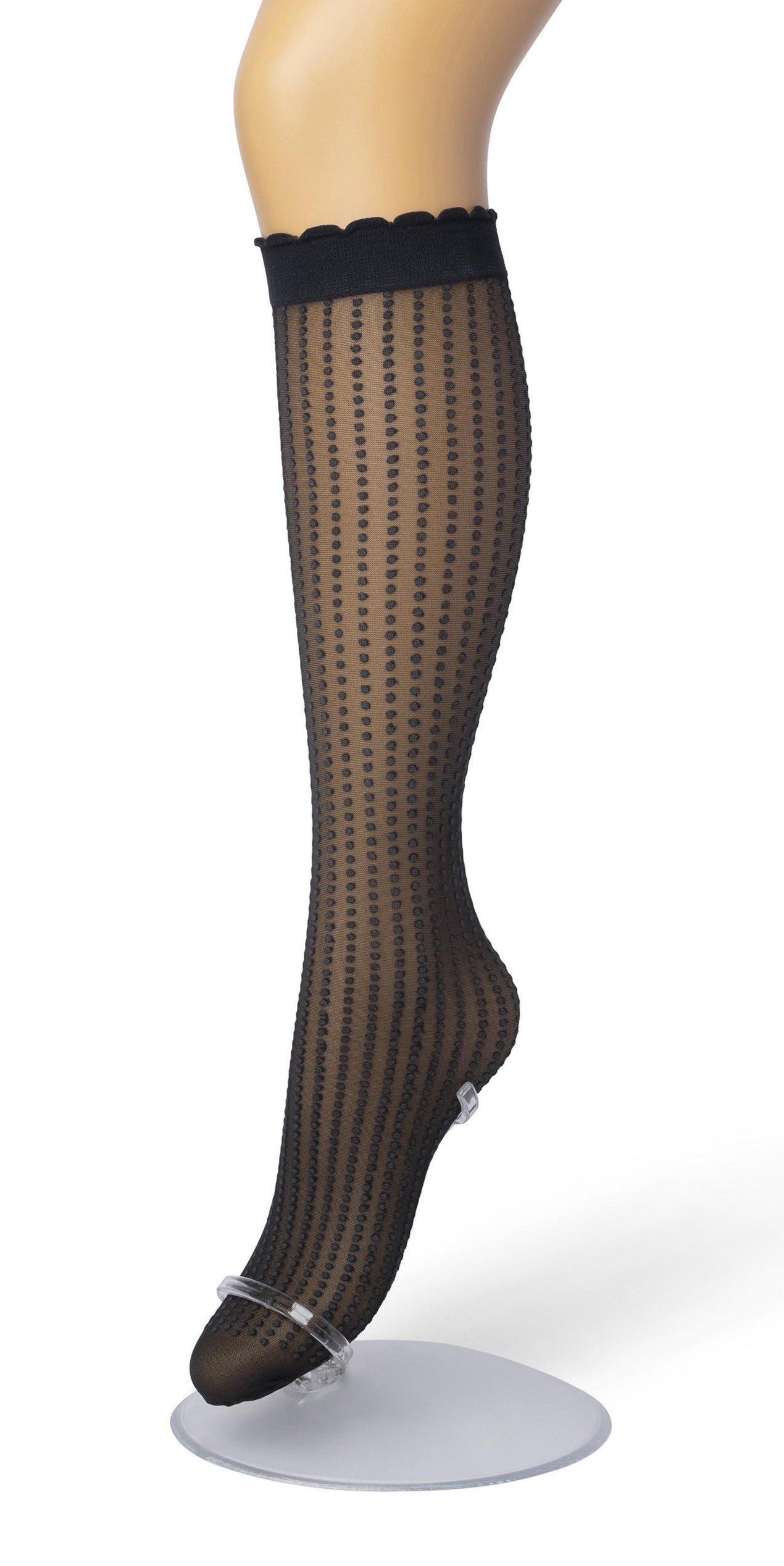 Bonnie Doon Batik Dots - Black sheer fashion knee-high socks with a dotted vertical stripe pattern, deep comfort cuff with scalloped edge.