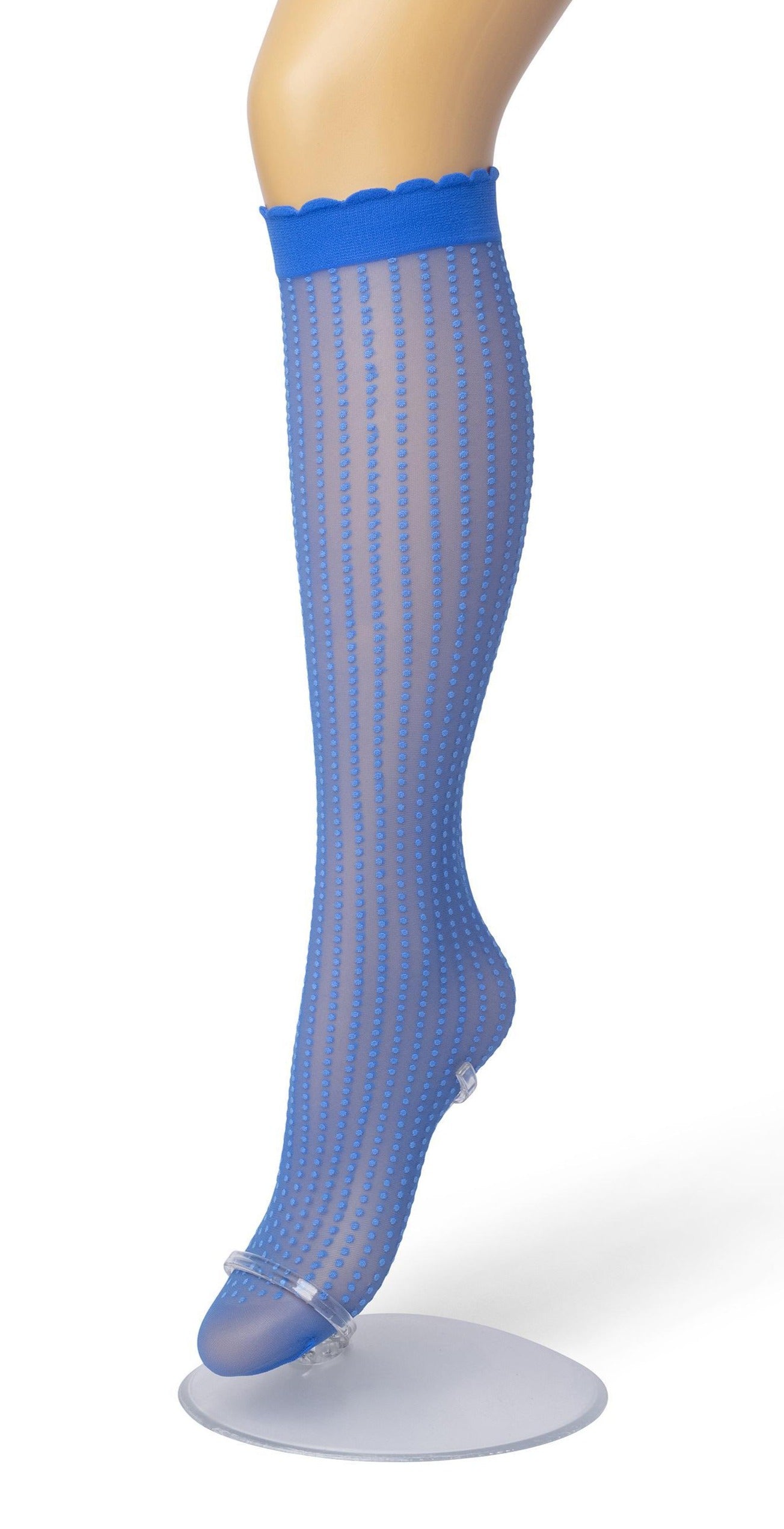 Bonnie Doon Batik Dots - Blue sheer fashion knee-high socks with a dotted vertical stripe pattern, deep comfort cuff with scalloped edge.
