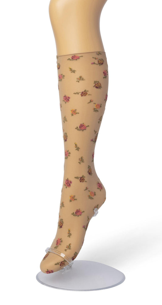 Bonnie Doon English Flower - Sheer nude fashion knee-high socks with a woven floral pattern and no cuff roll comfort edge.