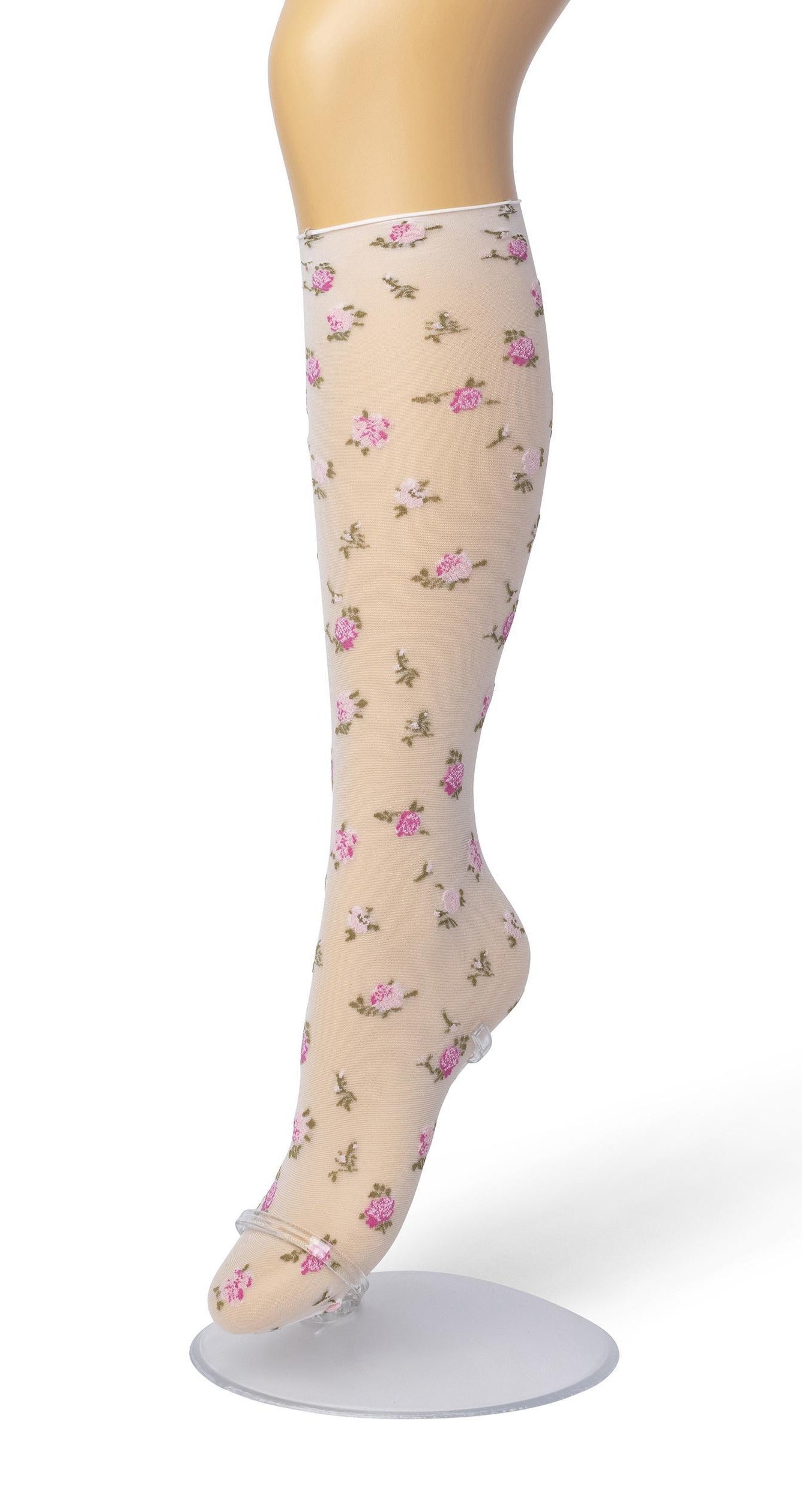 Bonnie Doon English Flower - Sheer white fashion knee-high socks with a woven floral pattern and no cuff roll comfort edge.