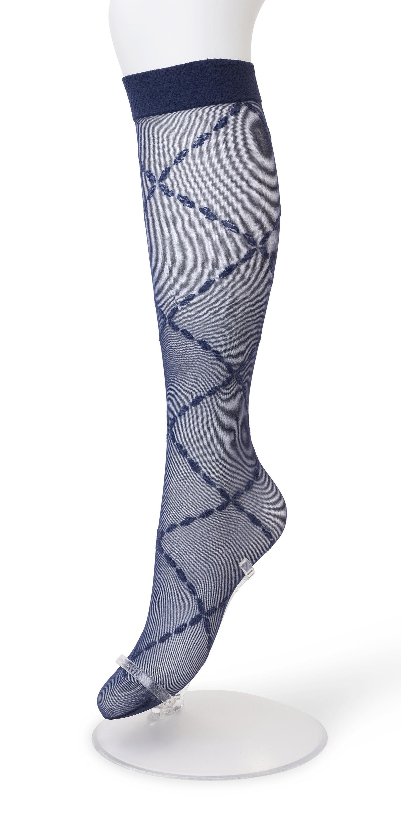 Bonnie Doon BP211504 Lozenge Knee-Highs Black Iris - Navy sheer fashion knee-high socks with a woven criss-cross chain style diamond pattern and plain comfort cuff.