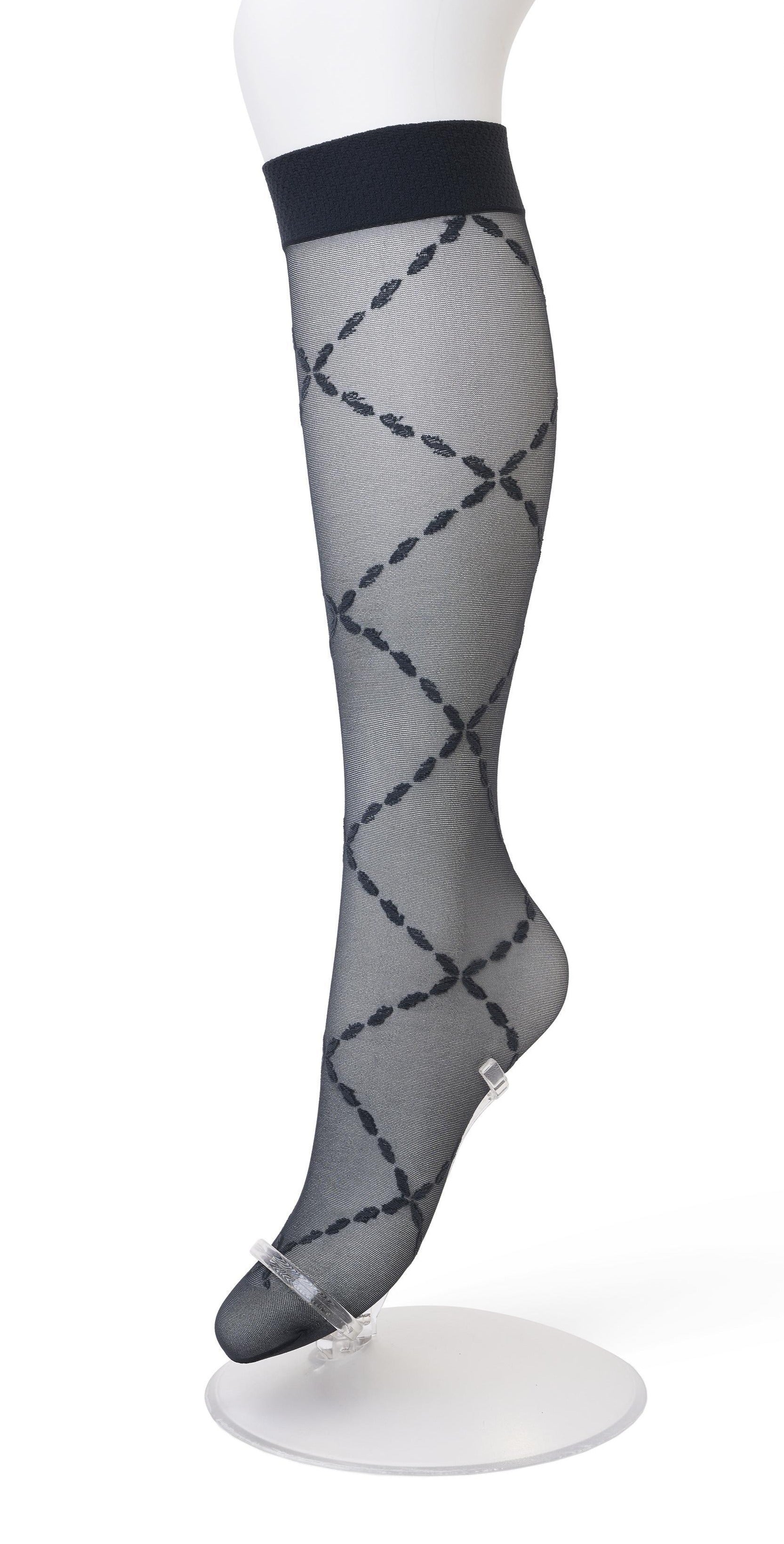 Bonnie Doon BP211504 Lozenge Knee-Highs - Black sheer fashion knee-high socks with a woven criss-cross chain style diamond pattern and plain comfort cuff.