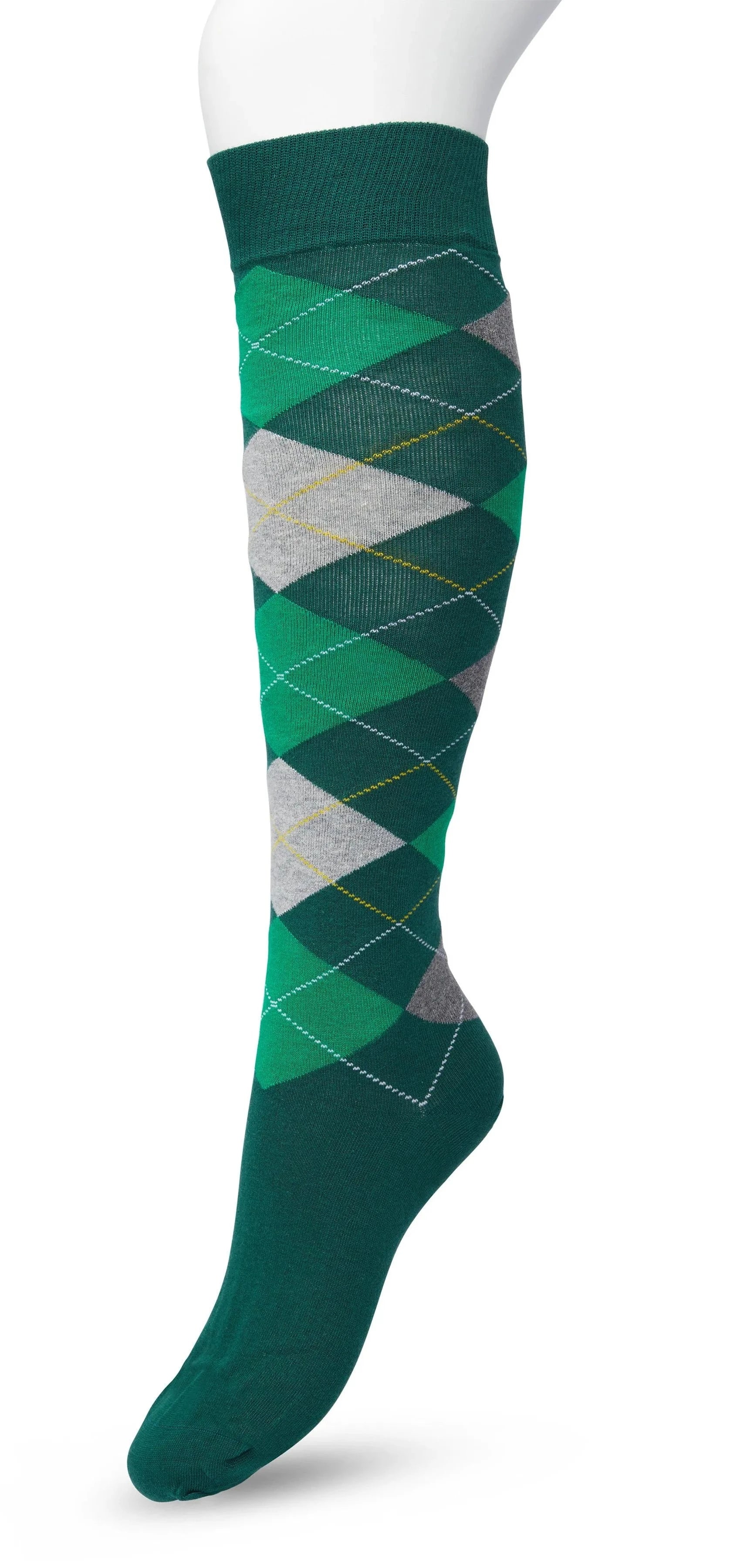 Bonnie Doon BP211505 Argyle Knee-highs - Golf style knee-high socks with a diamond argyle tartan check pattern in shades of green, grey and yellow.