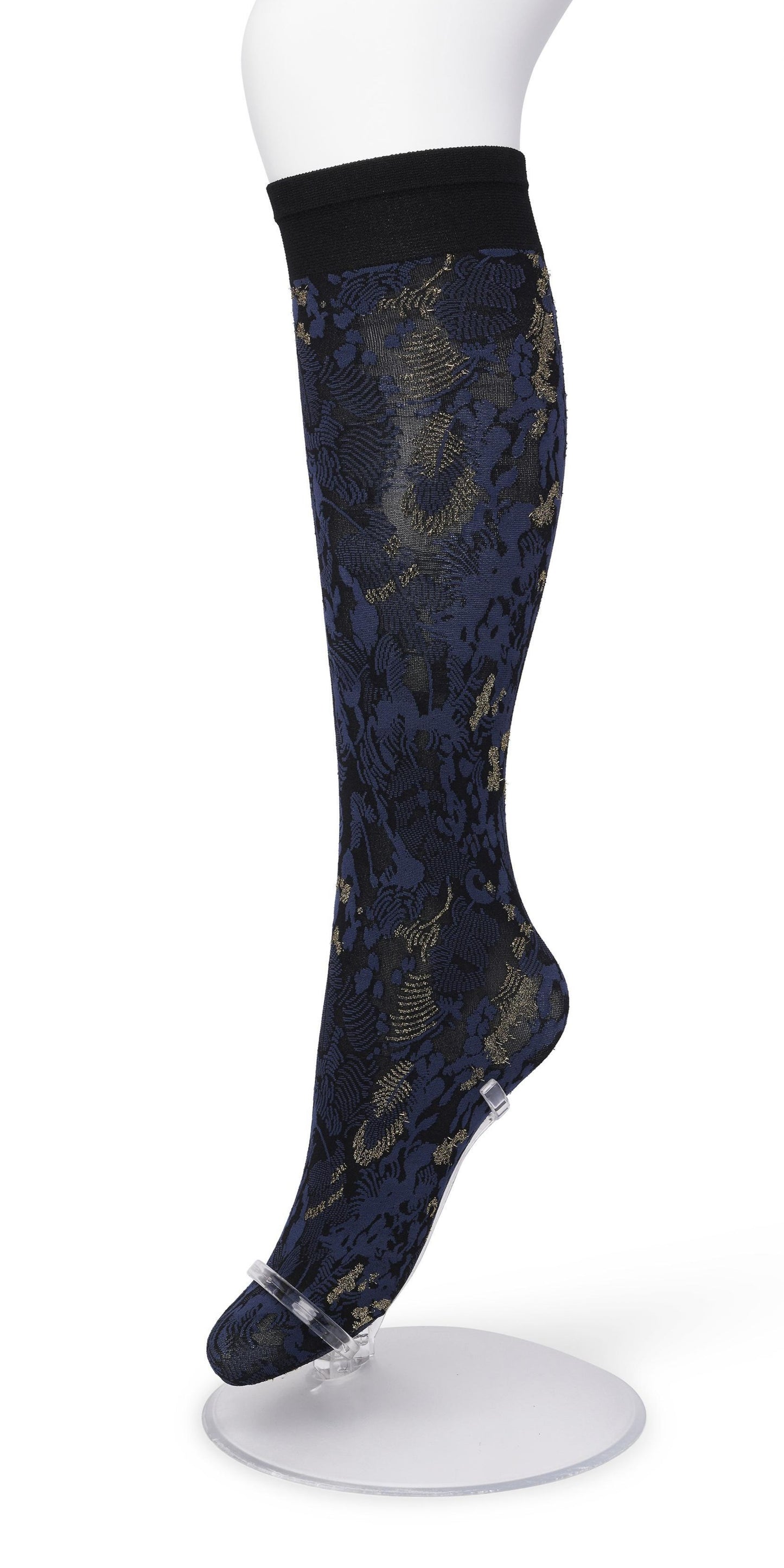 Bonnie Doon Botanical Lurex Knee-highs - Navy blue soft matte opaque fashion knee-high socks with a woven leaf style pattern in black and sparkly metallic gold and deep black comfort cuff.