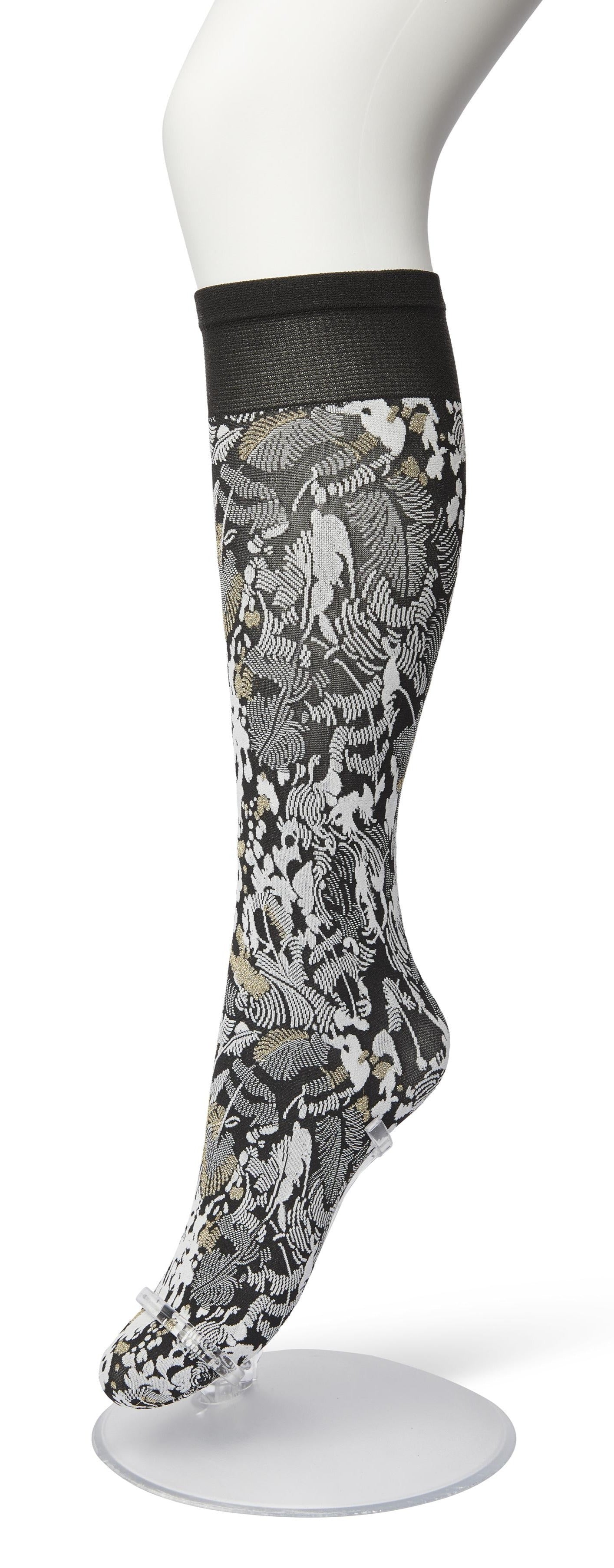 Bonnie Doon Botanical Lurex Knee-highs - White soft matte opaque fashion knee-high socks with a woven leaf style pattern in black and sparkly metallic gold and deep black comfort cuff.