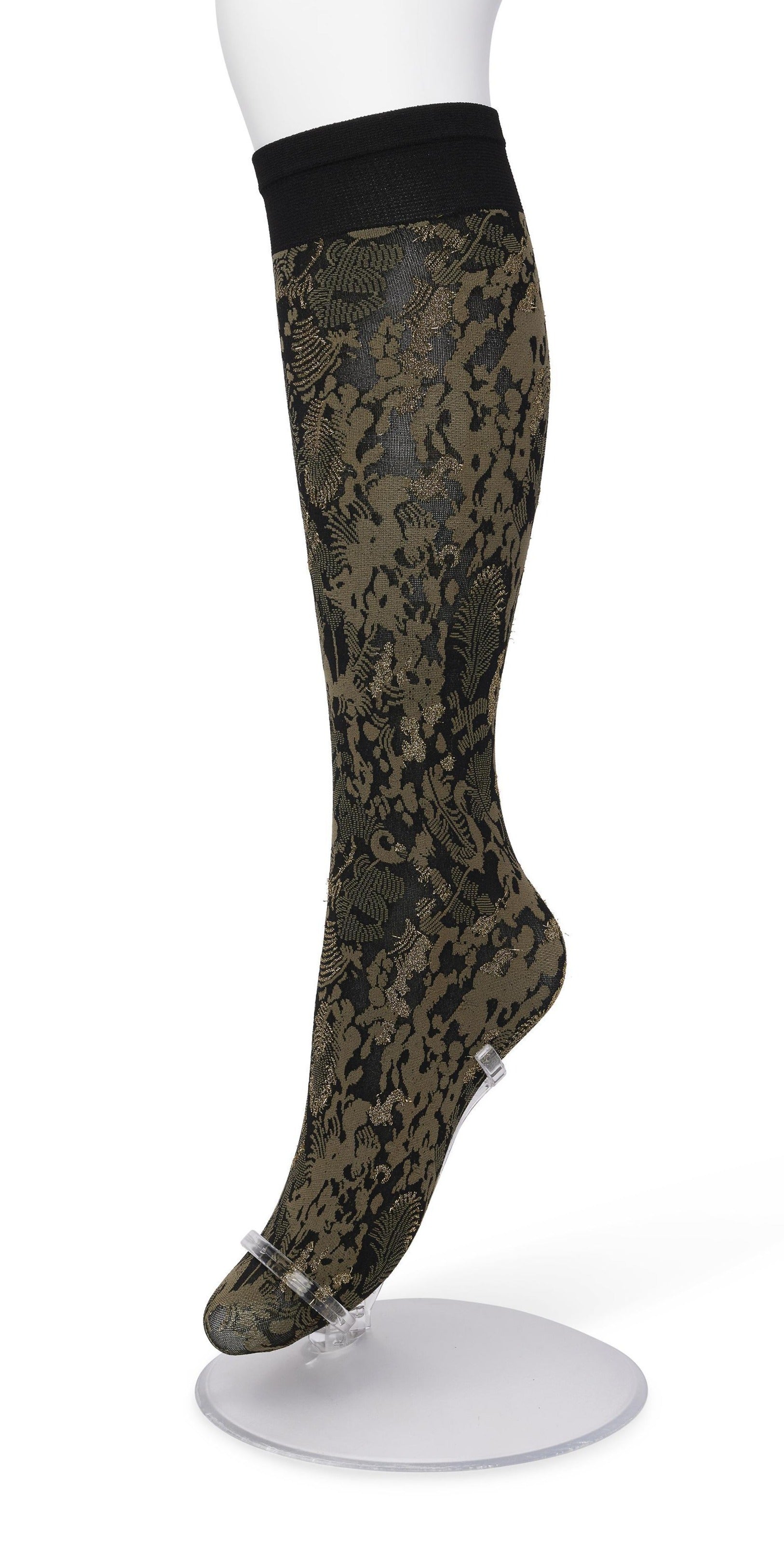 Bonnie Doon Botanical Lurex Knee-highs - Khaki green soft matte opaque fashion knee-high socks with a woven leaf style pattern in black and sparkly metallic gold and deep black comfort cuff.