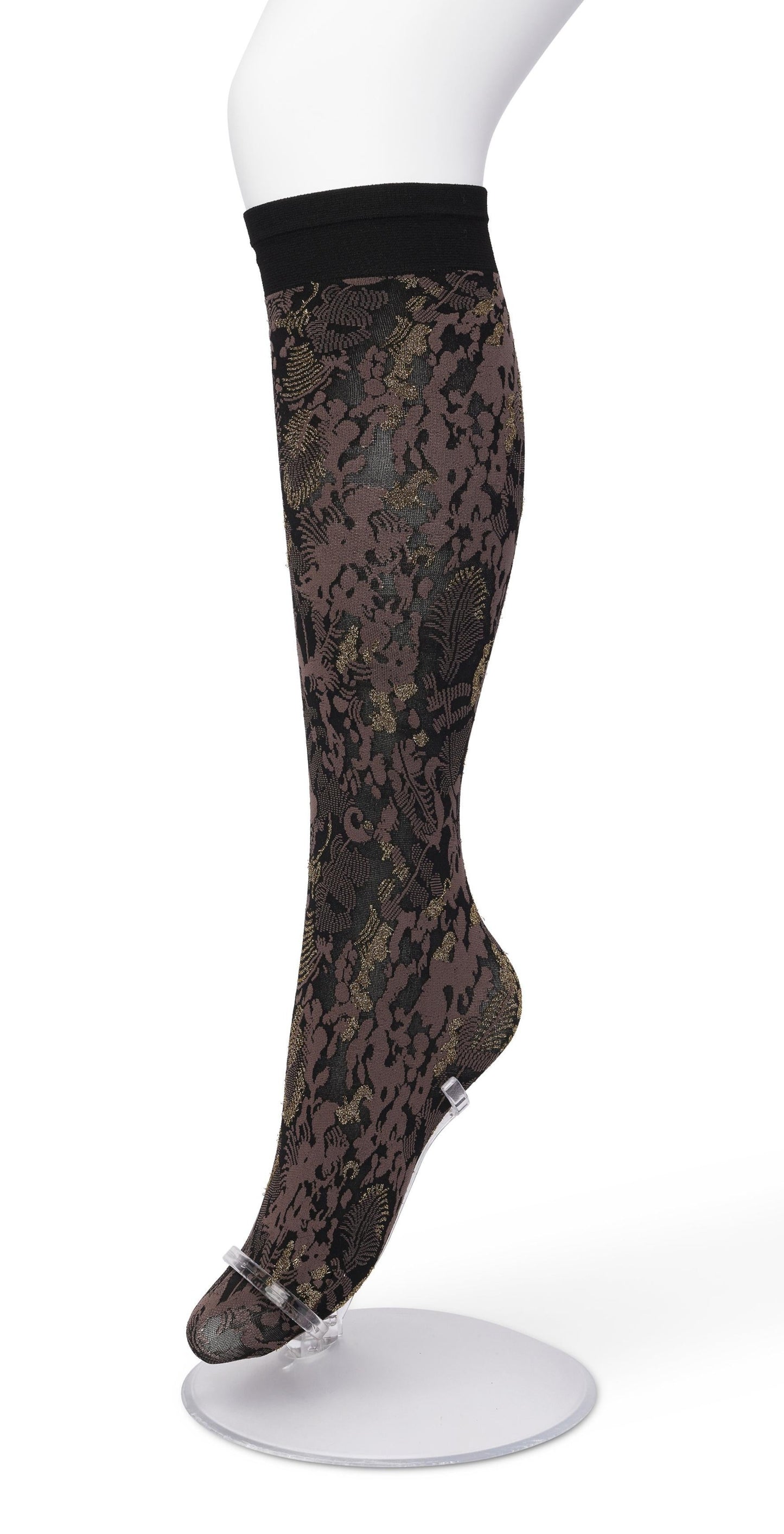 Bonnie Doon Botanical Lurex Knee-highs - Taupe brown (shopping bag) blue soft matte opaque fashion knee-high socks with a woven leaf style pattern in black and sparkly metallic gold and deep black comfort cuff.