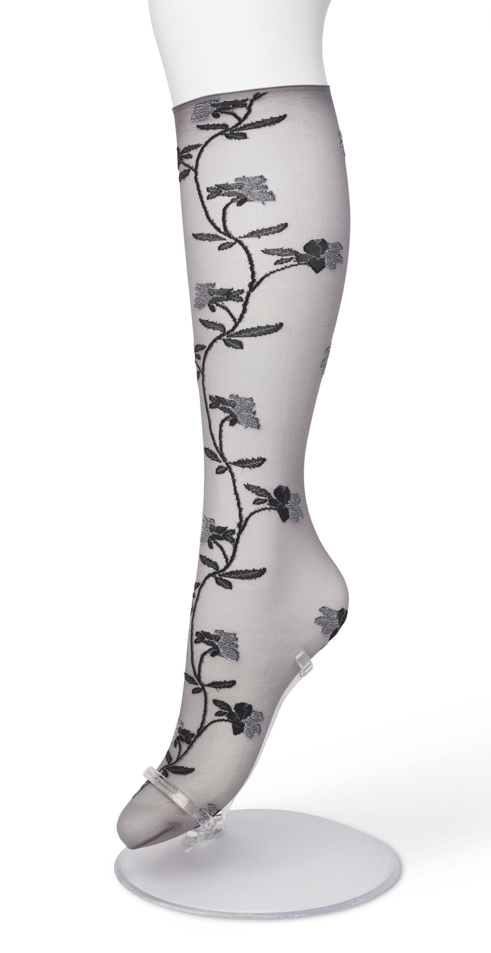 Bonnie Doon BP211510 Misty Flower Knee-high Castlerock - Sheer grey fashion knee-high socks with a woven floral vine style pattern in black and white and deep black comfort cuff with a scalloped edge.