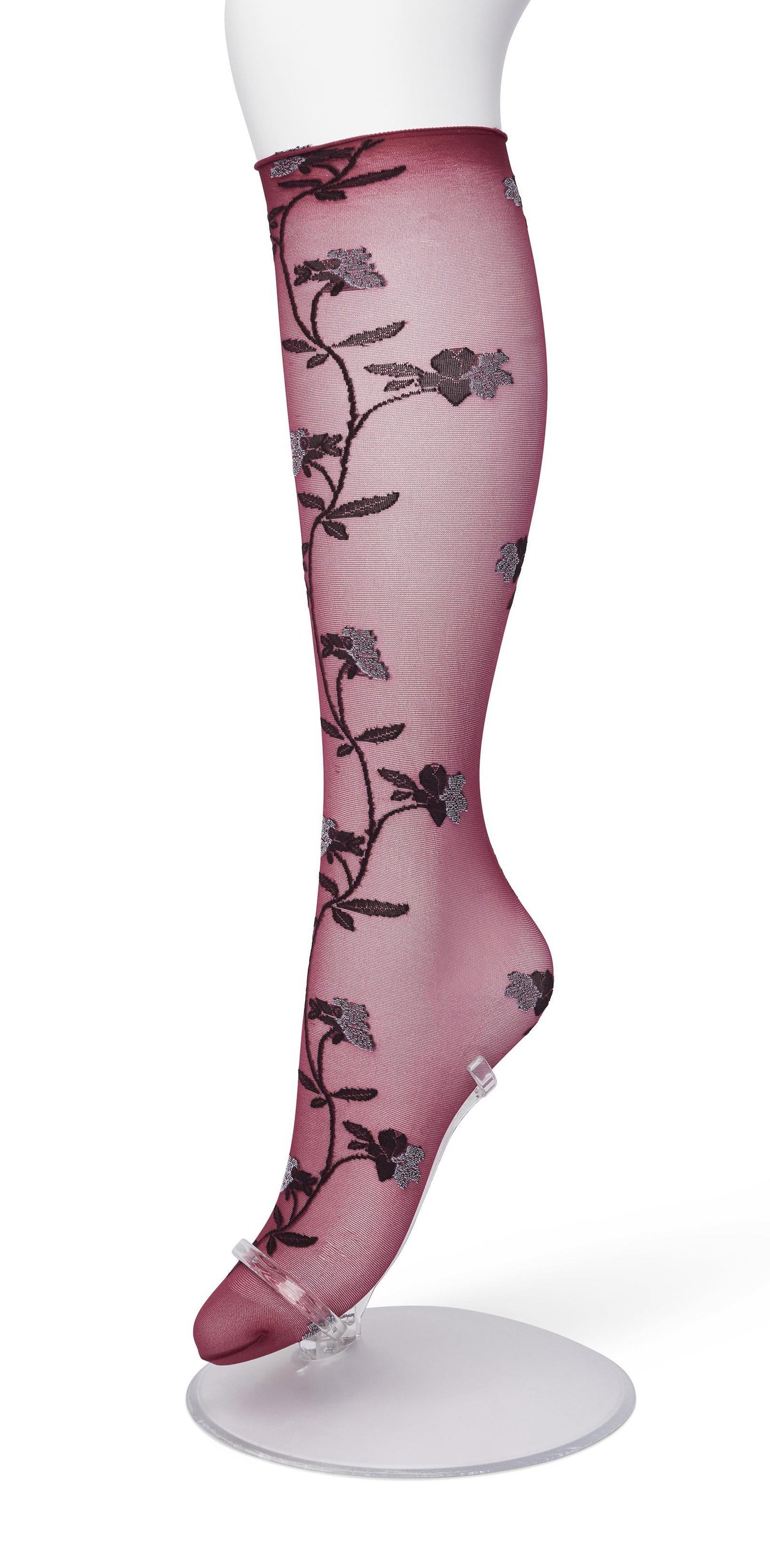 Bonnie Doon BP211510 Misty Flower Knee-high Rhododendron - Sheer red wine fashion knee-high socks with a woven floral vine style pattern in black and white and deep black comfort cuff with a scalloped edge.