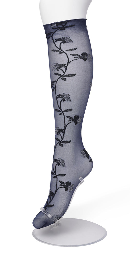 Bonnie Doon BP211510 Misty Flower Knee-high Black Iris - Sheer navy fashion knee-high socks with a woven floral vine style pattern in black and white and deep black comfort cuff with a scalloped edge.