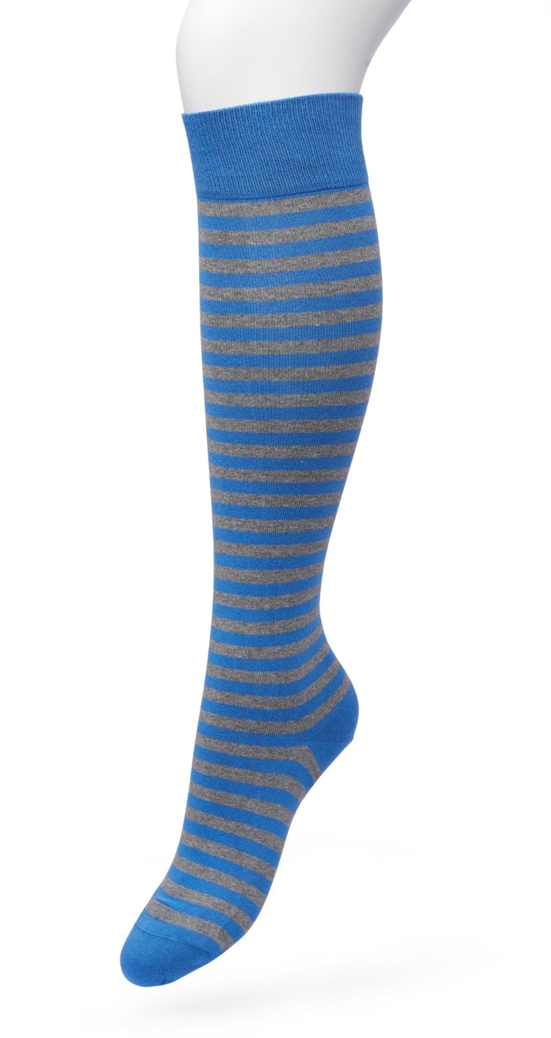 Bonnie Doon BP211511 Basic Stripe Knee-High - Cotton knee-high socks with a grey and strong electric blue horizontal stripe with contrast colour, shaped heel, flat toe seam and deep elasticated cuff.