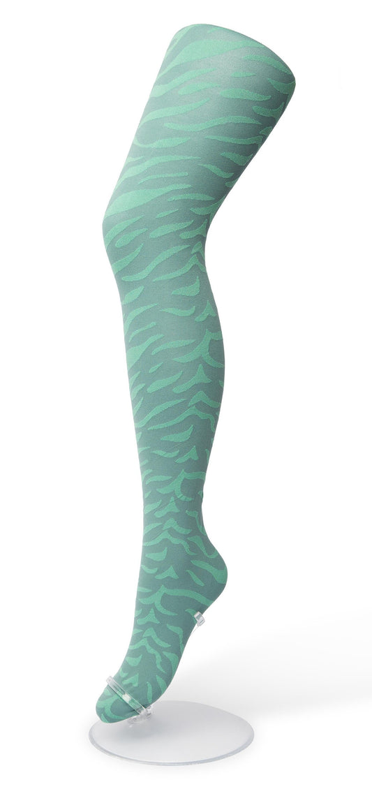 Bonnie Doon Zebra Tights - Mint green ultra opaque fashion tights with a woven wavy style zebra pattern, flat seams and gusset.