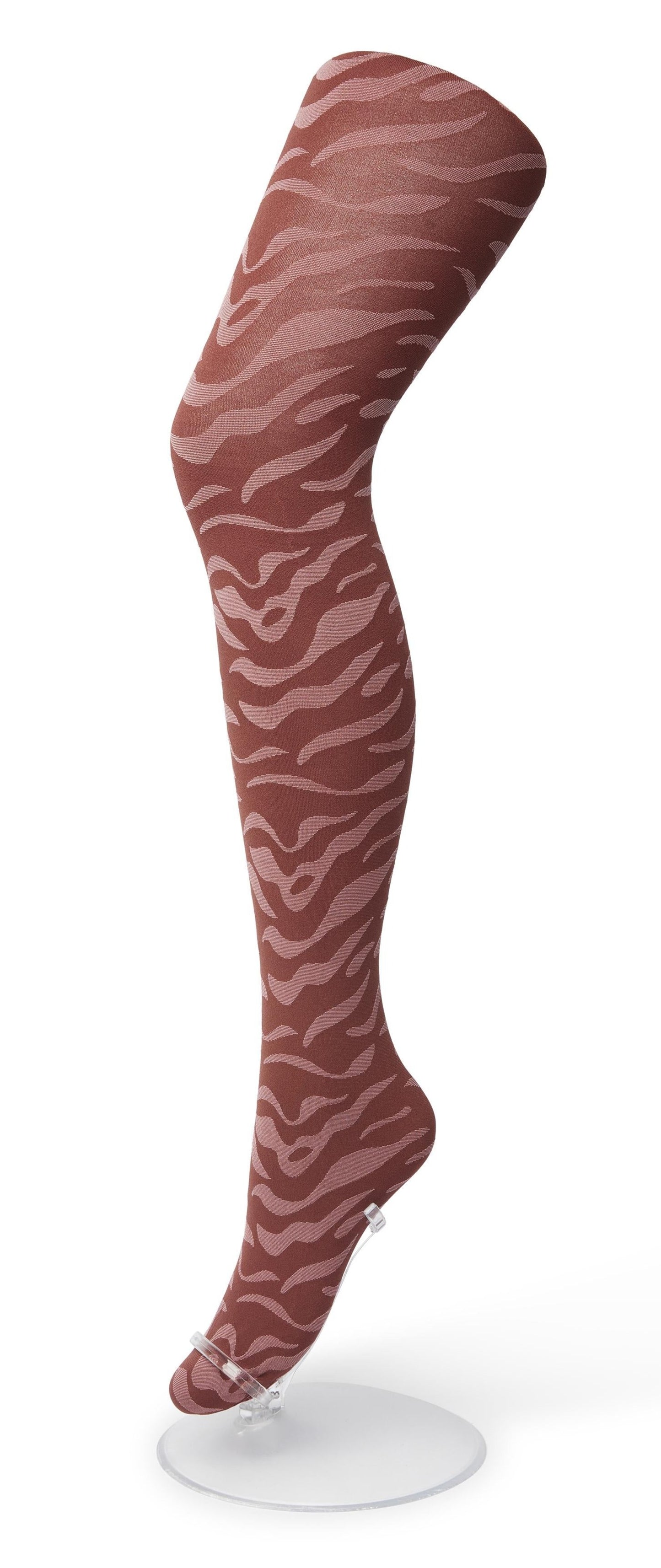 Bonnie Doon Zebra Tights - Ultra opaque wine fashion tights with a pale pink woven wavy style zebra pattern, flat seams and gusset.