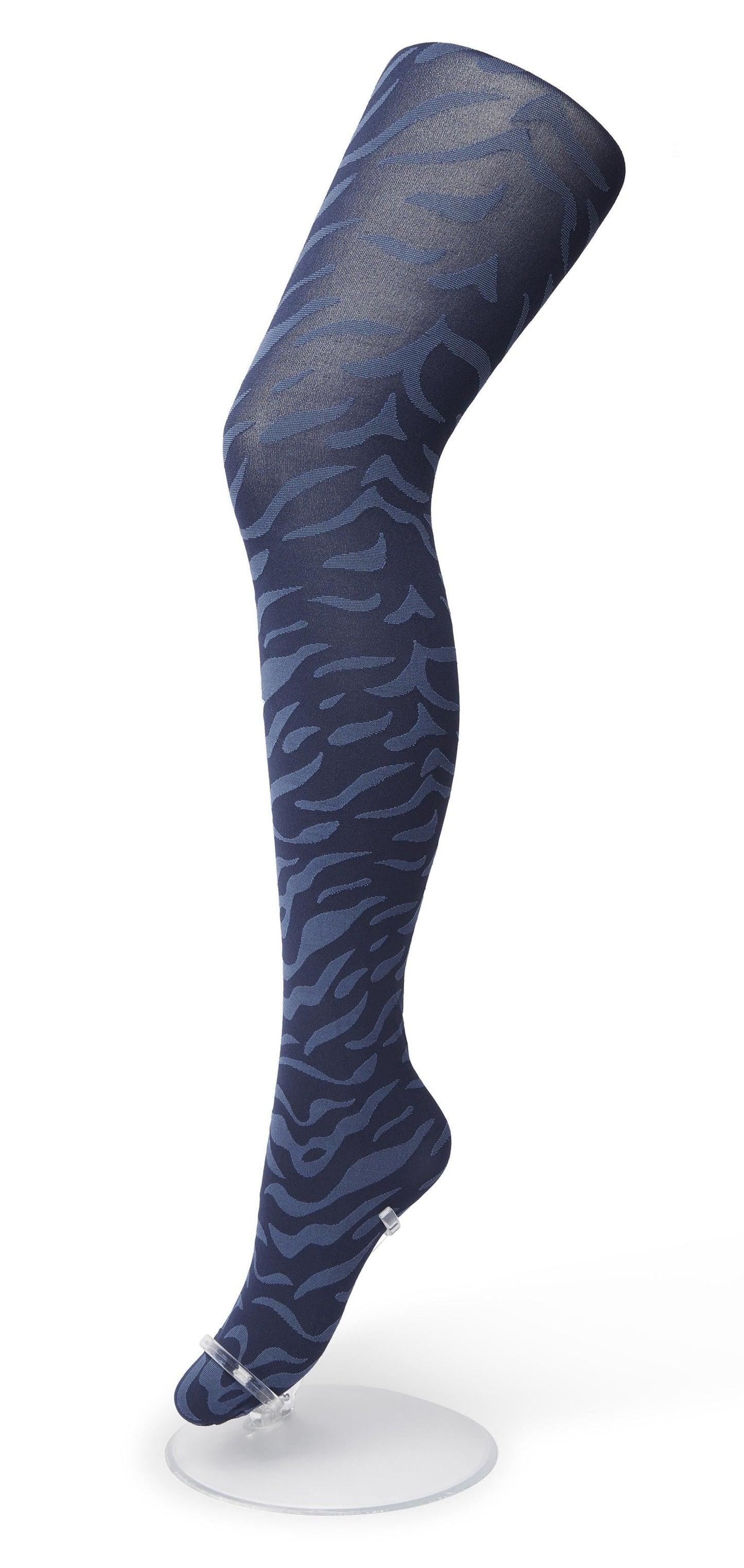 Bonnie Doon Zebra Tights - Ultra opaque blue (bering sea) fashion tights with a pale pink woven wavy style zebra pattern, flat seams and gusset.
