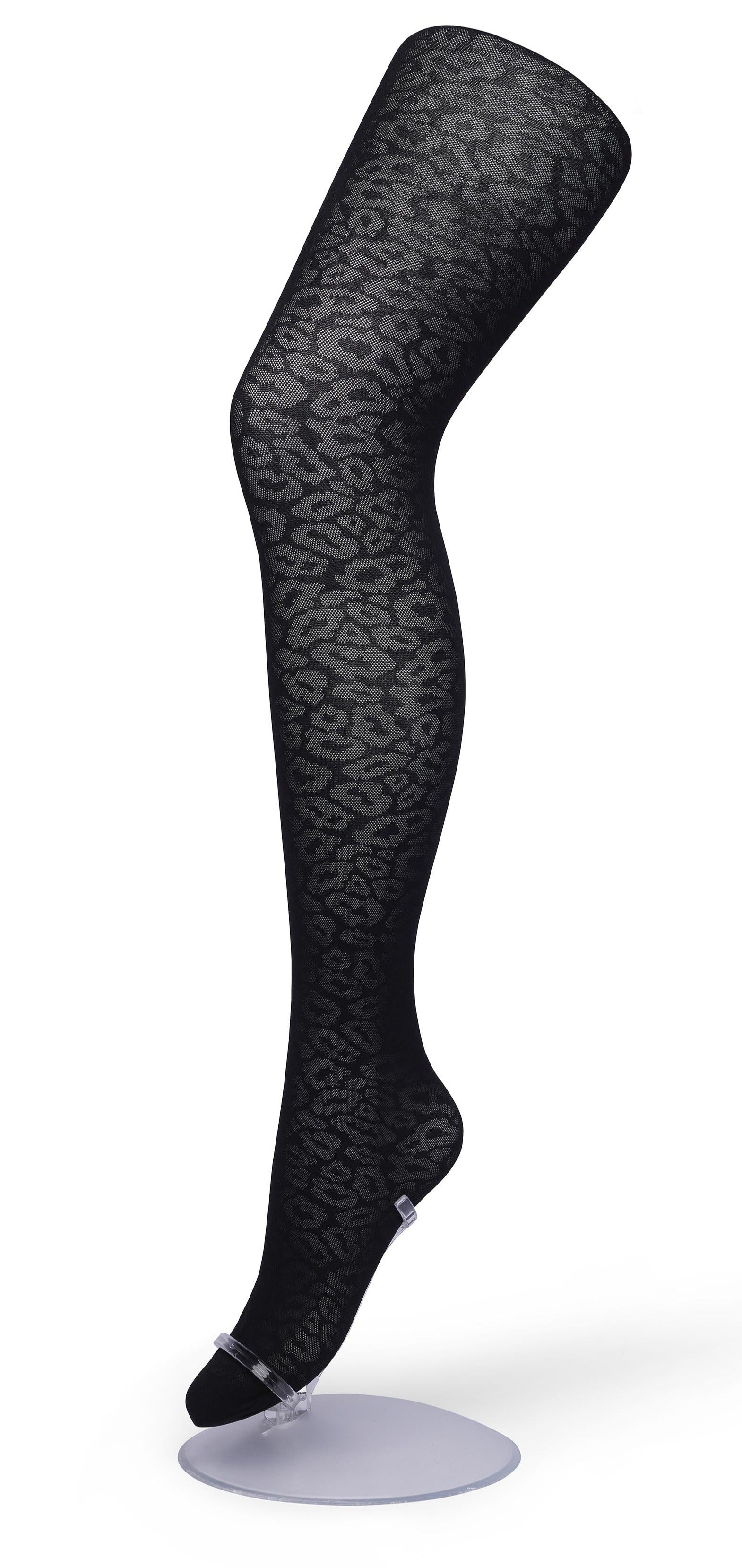 Bonnie Doon Panther Texture Tights - Black opaque fashion tights with a semi sheer micro mesh woven leopard print style pattern, flat seams and gusset.