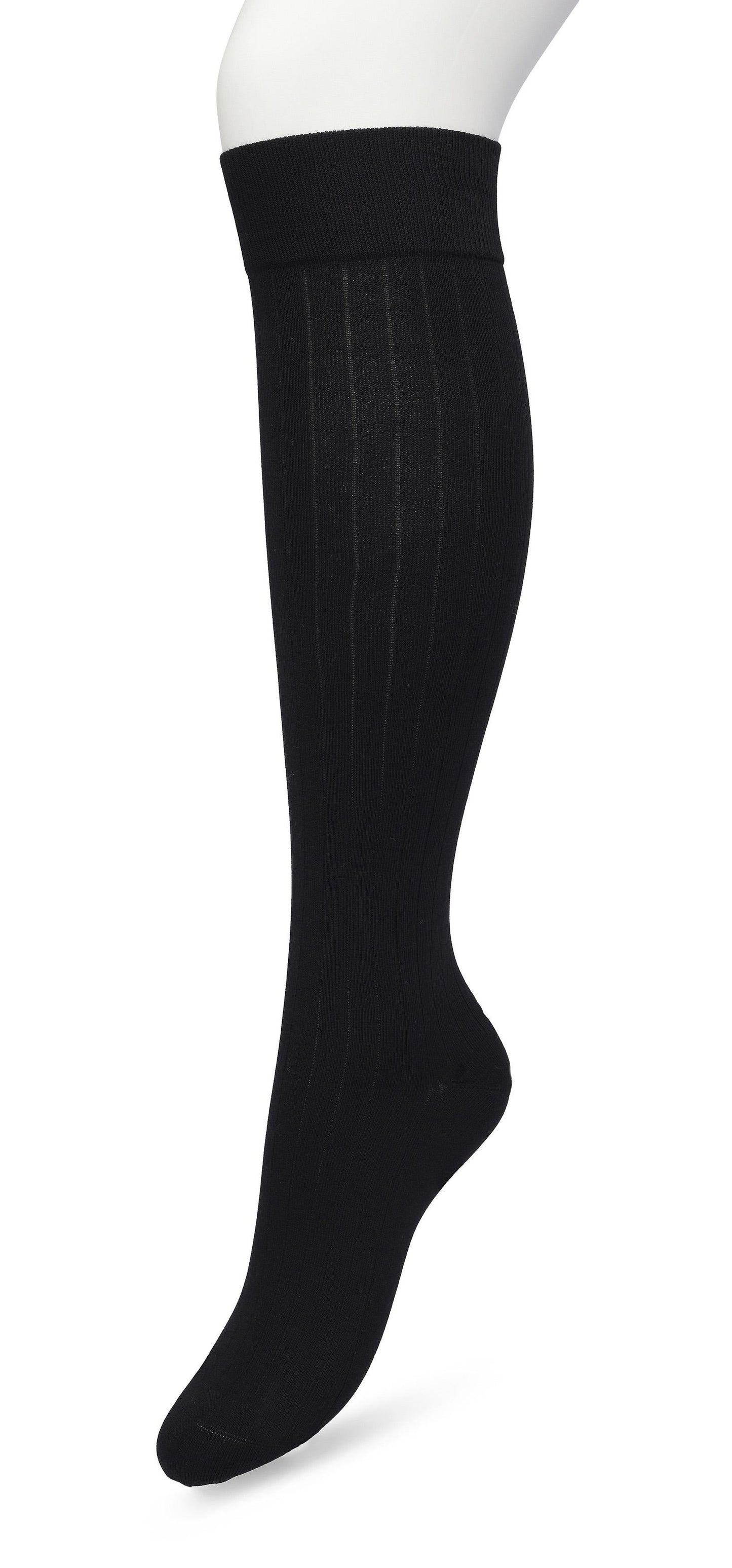 Bonnie Doon Rib Knee High Sock - Black knitted rib knee-high sock with shaped heel, flat toe seam and deep elasticated cuff.