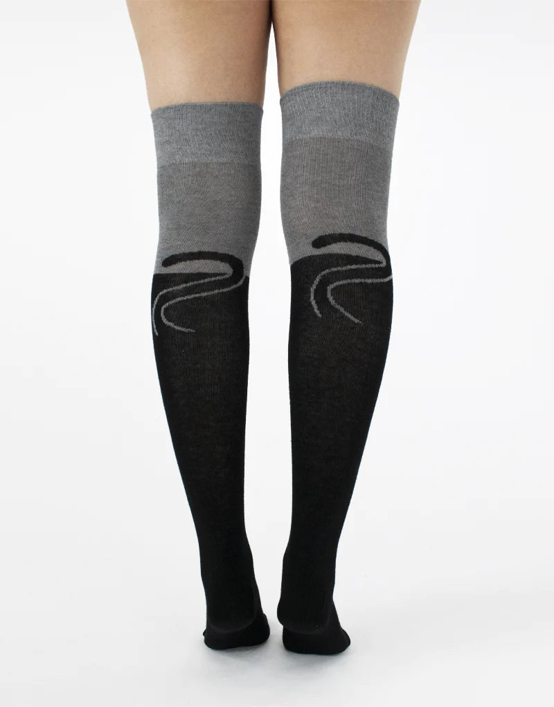 Pamela Mann Cat Over-Knee Socks - Cotton mix over the knee socks with a cute black cat on the front, tail on the back with grey top and deep elasticated cuff.