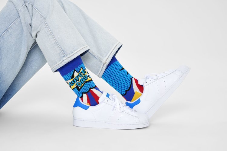 Happy Socks DAD01-6350 Super Dad Sock - Comic book 'super dad' themed cotton socks in shades of blue, red, yellow, white and black, perfect Father's Day gift.