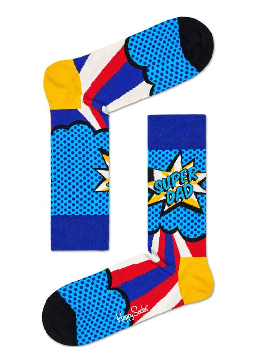 Happy Socks DAD01-6350 Super Dad Sock - Comic book 'super dad' themed cotton socks in shades of blue, red, yellow, white and black, perfect Father's Day gift.