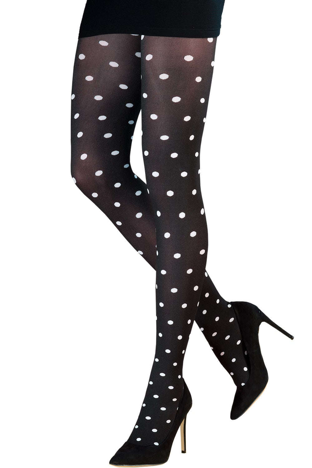 Emilio Cavallini Two Toned Small Dots Tights - Black opaque fashion tights with a woven white polka dot pattern.