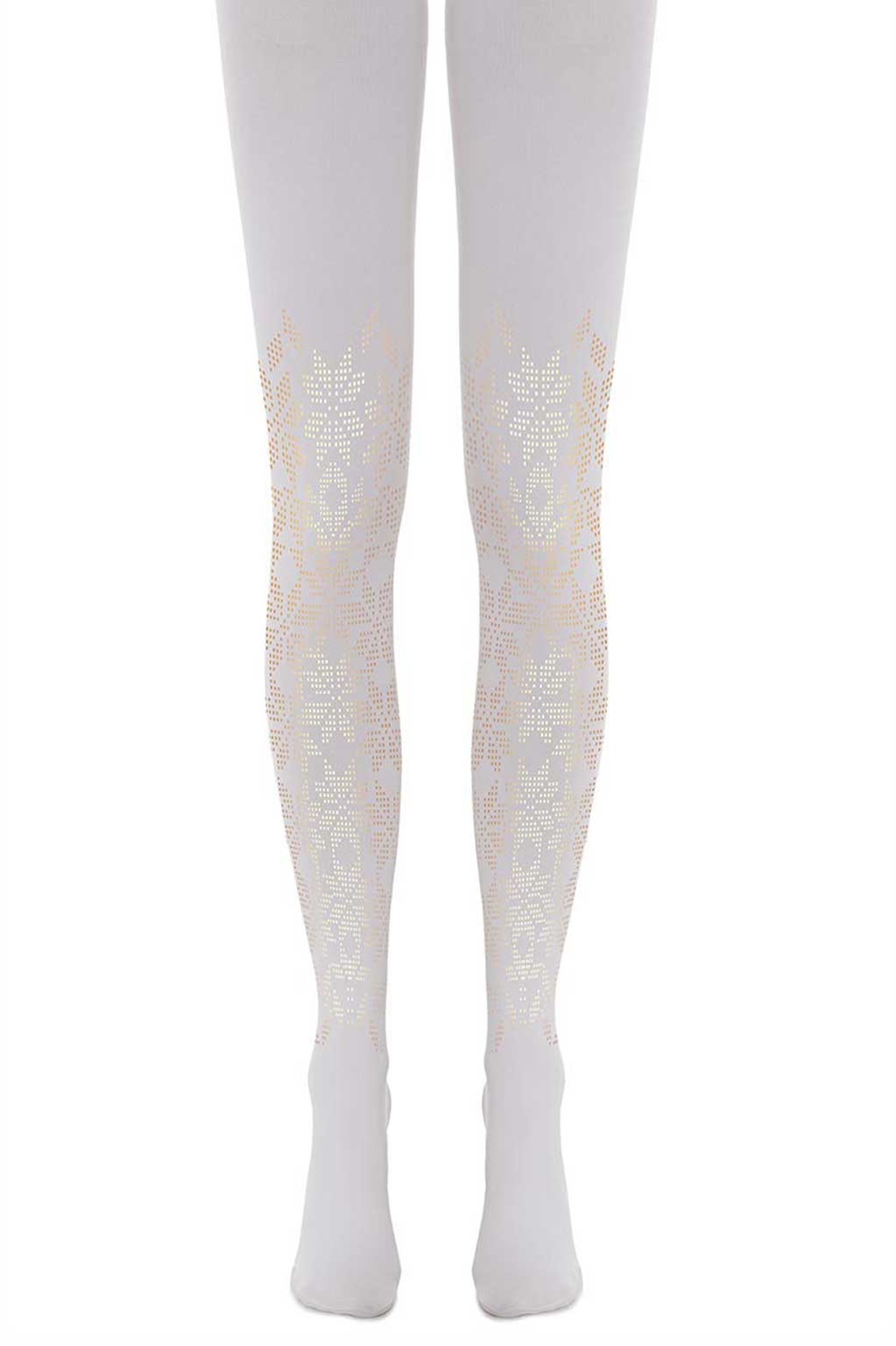 Zohara F541-CG Lace Flower Cream Tights - cream opaque tights with gold snowflake fairisle print