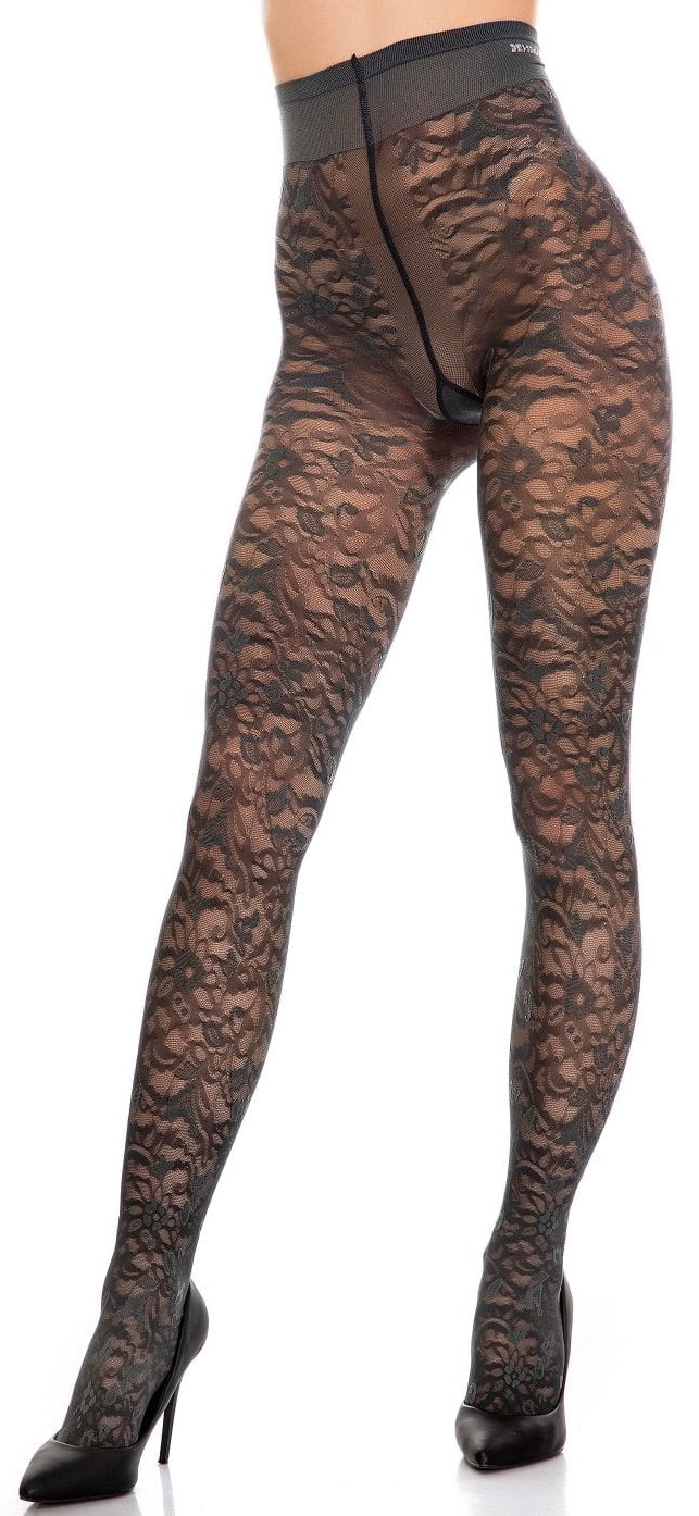 Trasparenze Moscato Collant - Grey semi opaque fashion tights with a floral lace style pattern, flat seams and hygienic gusset.