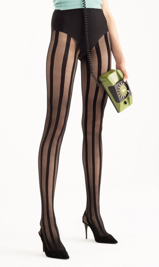 Fiore Telco Tights - Sheer black fashion tights with a woven opaque vertical stripe pattern, flat seams and reinforced toes.