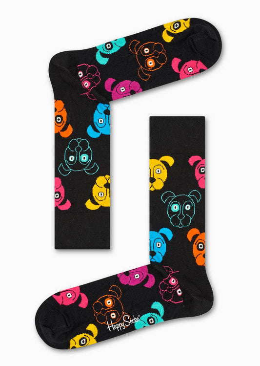 Happy Socks DOG01-9001 Dog Sock - Black cotton socks with multicoloured cartoon dog faces pattern. Available in men and women's sizes.