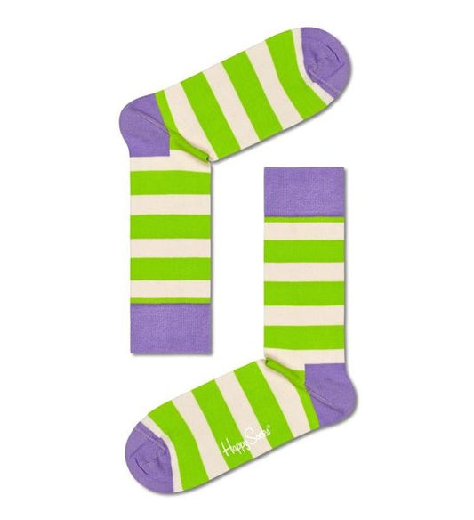 Happy Socks STR01-5300 Stripe Socks - Cotton crew length ankle socks with a cream and bright lime green horizontal stripes with lilac cuff, heel and toe. Available in men and women's sizes.