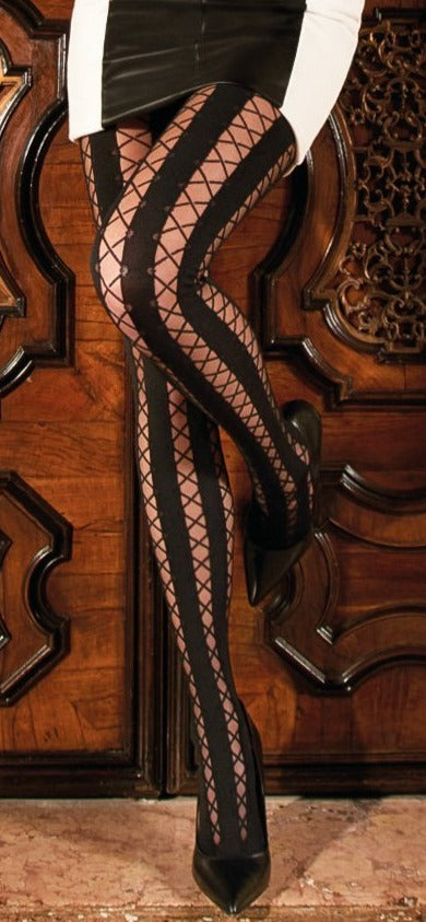 Trasparenze Ipparco Collant - Black fashion tights with sheer vertical stripe with a lace up effect criss-cross pattern.