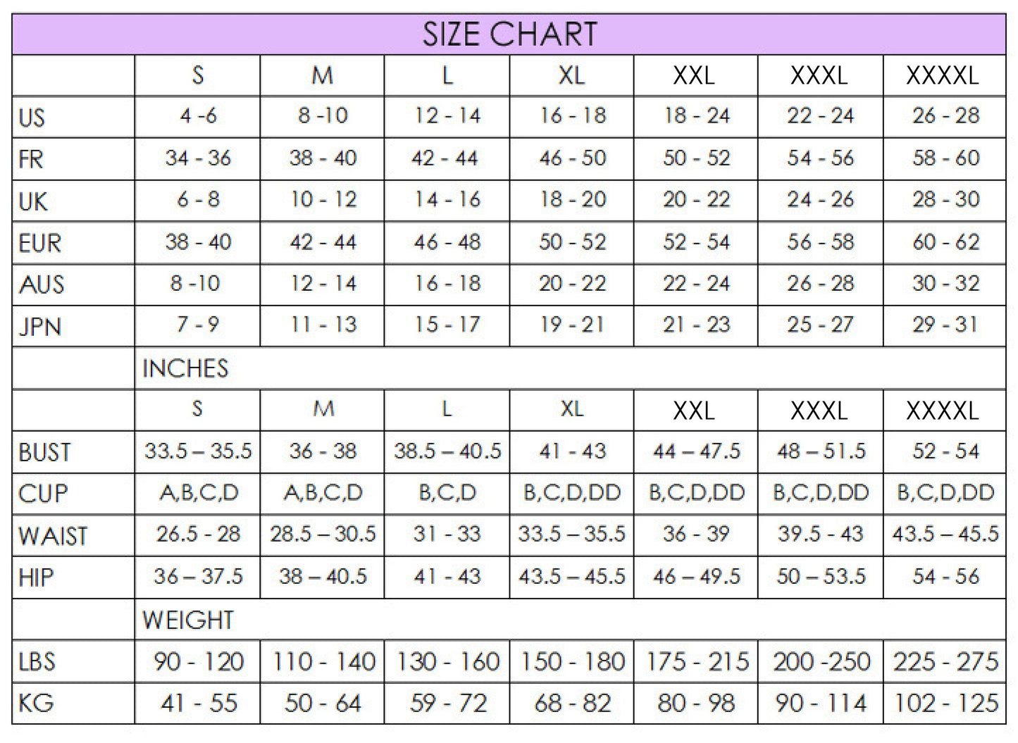 Julie France Size Chart