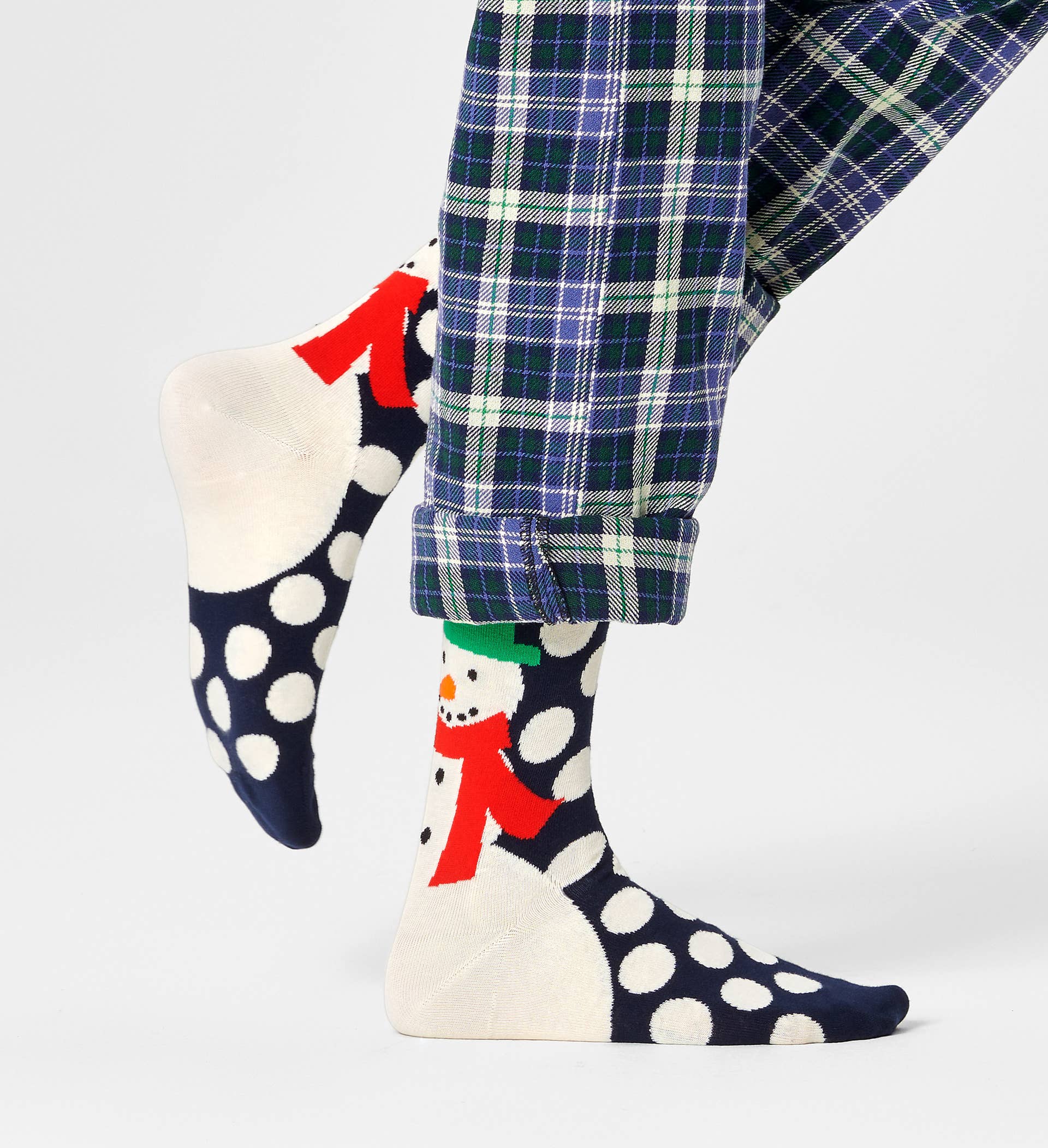 Happy Socks JSS-6500 Jumbo Snowman Sock - Navy organic cotton ankle socks with a hat and scarf wearing snowman on the back and white polka dots pattern.