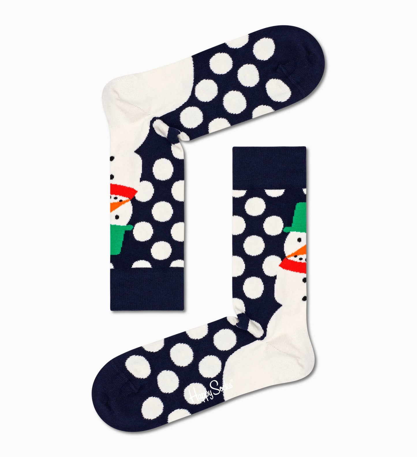 Happy Socks JSS-6500 Jumbo Snowman Sock - Navy organic cotton ankle socks with a hat and scarf wearing snowman on the back and white polka dots pattern.