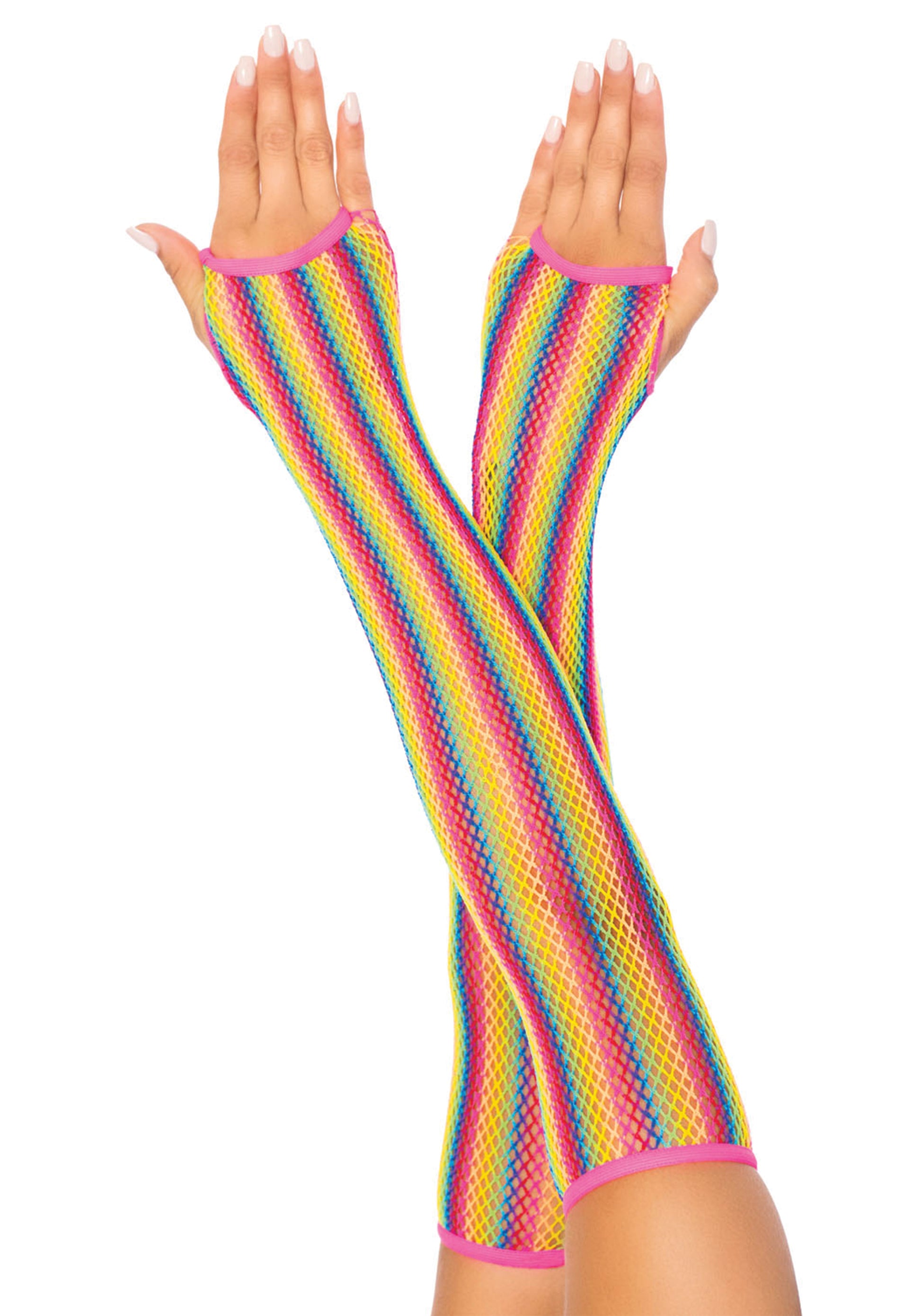 Leg Avenue 2036 Rainbow Arm Warmers - Multicoloured striped fishnet fingerless long over the elbow gloves.