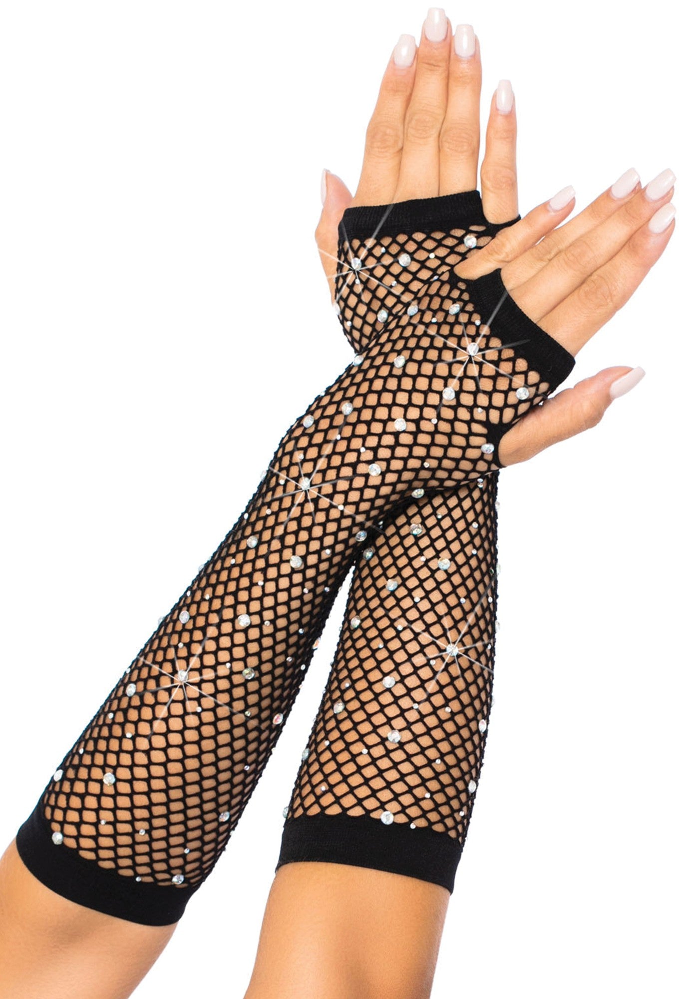 Leg Avenue 2037 Rhinestone Arm Warmers - Fingerless long netted elbow length gloves with sparkly diamante' crystals dotted all over.