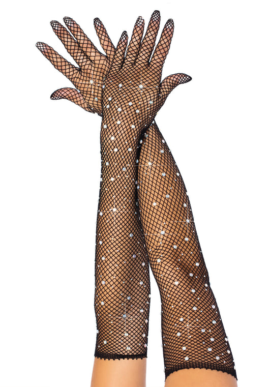 Leg Avenue 2038 Rhinestone Gloves - Black fishnet above the elbow length gloves with sparkly rhinestone crystals dotted all over, perfect for the party season.