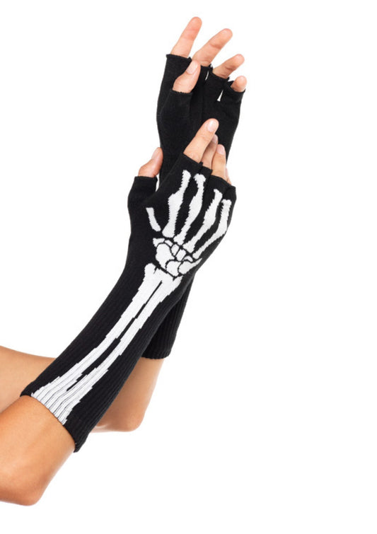 Leg Avenue 2144 Skeleton Gloves - Black long knitted fingerless gloves with white skeleton design.