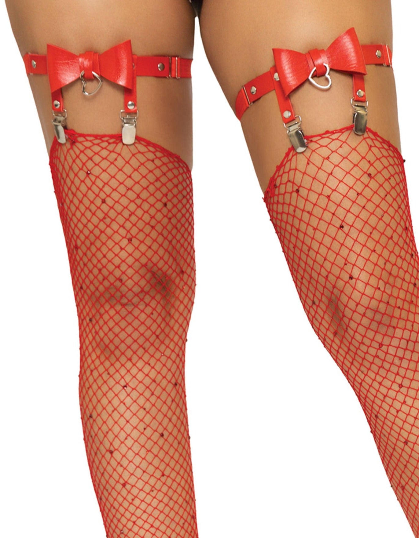 Leg Avenue 2334 Bow Leg Garters - Red vegan leather leg garters with bows, silver studs, adjustable elasticated straps and silver heart ring gem, perfect for holding up your favourite stockings.